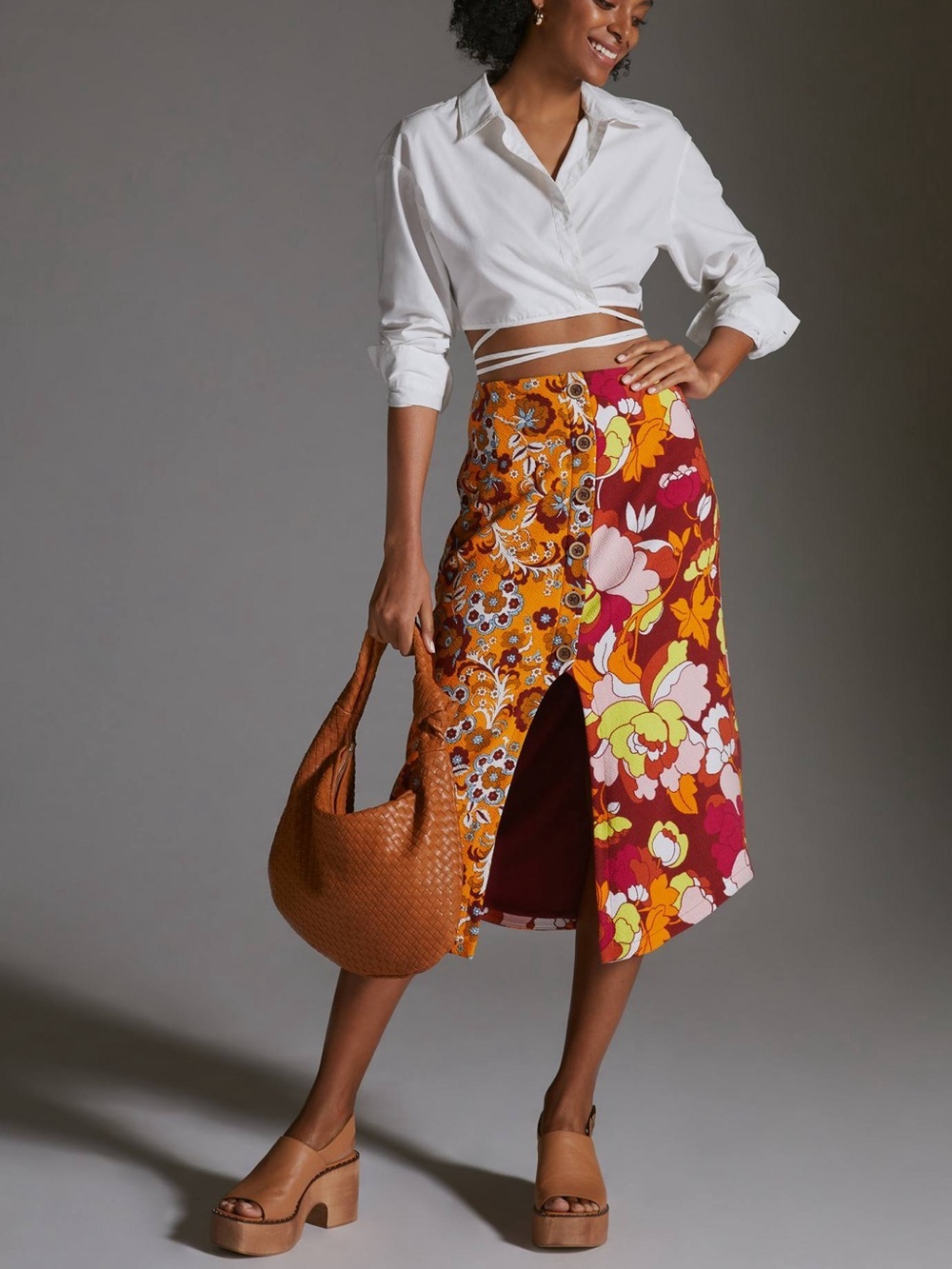 Anthropologie Floral Patchwork Midi Skirt in Mustard, Burgundy, White